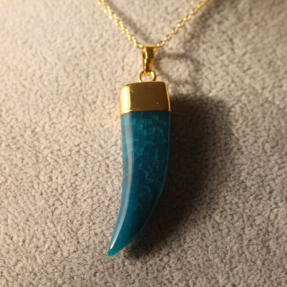 Blue Agate Horn Pendant Necklace – Gold Trim, Bold Statement Piece - Picture 3 of 4